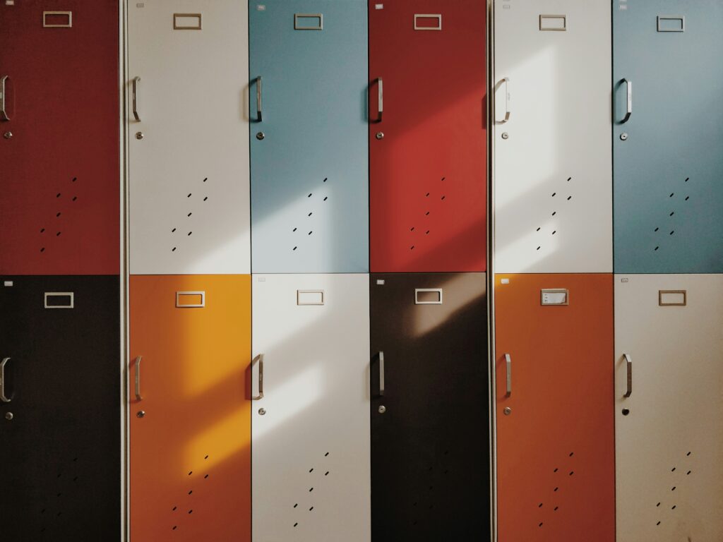 Colorful school lockers representing a school environment tied to allegations of sexual abuse at Paramus Catholic High School